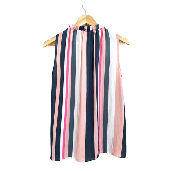 LOFT Women’s Blue Pink Stripe Sleeveless Ruffle High Neck Blouse Size Small - Picture 2 of 9